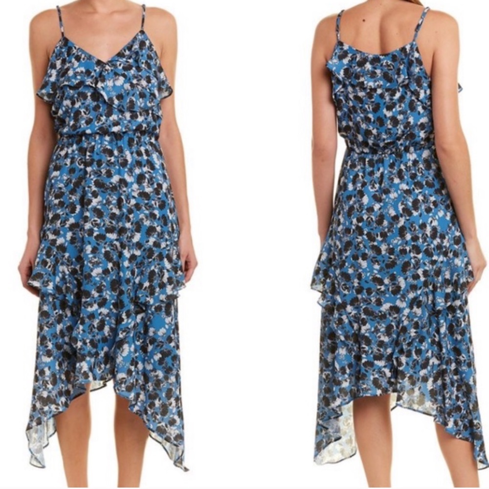 Parker Blue Phlox Printed Ruffle Midi Dress